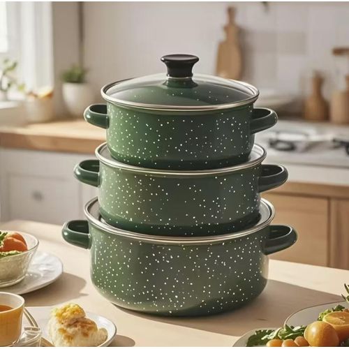 3-piece enamel stockpot with lid cooker portable multi-function reusable stockpot soup - Green