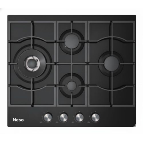 Neso 60cm Built-in Gas Hob, 4-Burner, Black Tempered Glass, Cast Iron Supports, Triple Burner &amp; FFD Safety