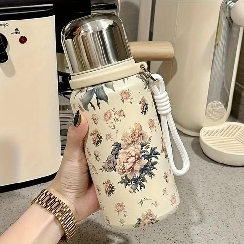 600ML Peony Flower Water Bottle, Leak-proof and Drop-proof Thermos Cup with Carrying Rope, Made of BPA-Free 316 Stainless Steel, Can Keep Drinks Hot or Cold for a Long Time