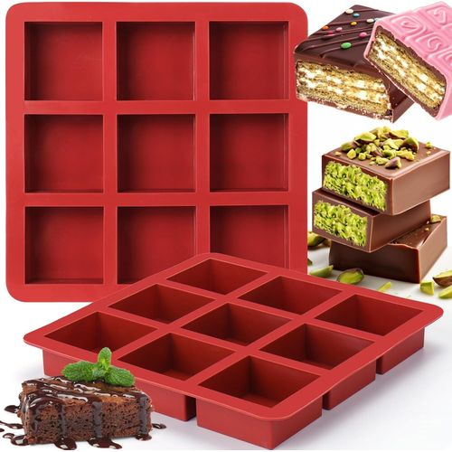 Square Chocolate Molds Silicone, 2pcs 9-Cavity Deep Chocolate Bar Molds DIY 6.3 x 6.3 x 2.5cm Dubai Chocolate Bar,Chocolate Covered Cookies,Silicone Molds for Baking Granola Bar, Brownie, Muffin