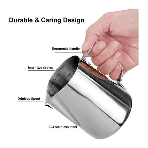Milk Frothing Pitcher 20oz – Stainless Steel Milk Jug with Scale, 600ml Steaming Pitcher for Espresso, Cappuccino, Latte Art, Barista Training &amp; Home Coffee Makers (Stainless Steel Finish, 600ml)