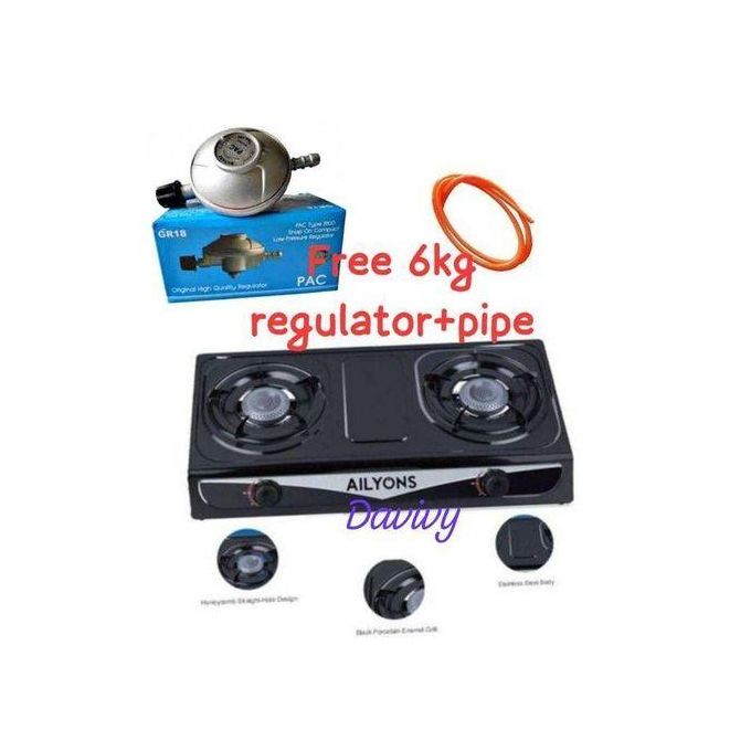Table Top Stainless Steel 2 Burner Gas Cooker Plus 6kg Regulator And Pipe
