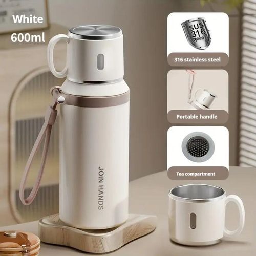 600ml Portable Outdoor Camping Travel Vacuum Insulated Mug, 316 Stainless Steel Insulated Mug, with Filter Lid - White