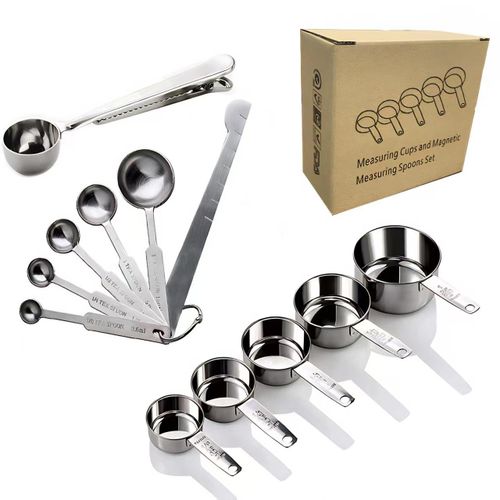 12pcs Measuring Cups and Spoons Set, Stainless Steel Measuring Tools with Clip Spoon, Accurate Kitchen Measuring Set for Baking and Cooking