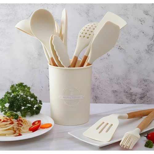 Silicone spatula with wooden handle kitchenware, 500g food-grade silicone, high temperature resistant kitchen utensils, 12-piece set