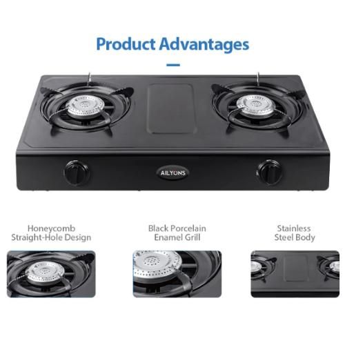 AILYONS GS017-1 Stainless Steel Double Burner Gas Cooker Table Top Gas Stove - Black (1YR WRTY)