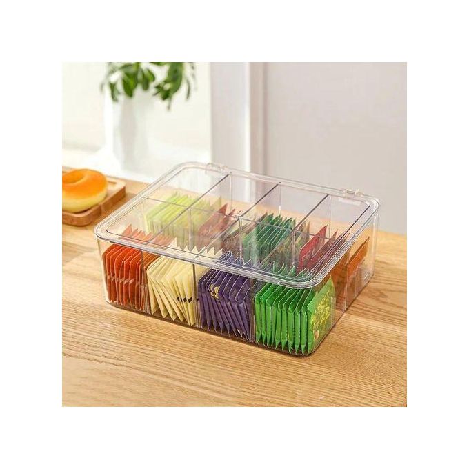 Acrylic Tea Bag Organizer With Cover - Durable, Transparent &amp; Multi-functional Storage Box With Compartment Dividers