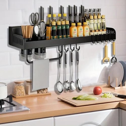 60cm wall-mounted spice rack, no drilling required, with 10 hooks for hanging on the wall, suitable for storing 2 cups of spices - Black