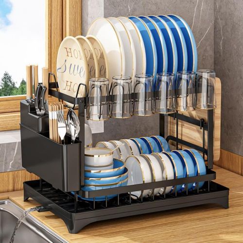 addigoes 2-Tier Iron Dish Drying Rack with Drip Tray &amp; Utensil Basket - Heavy Duty Kitchen Counter Organizer, Space-Saving (Black)