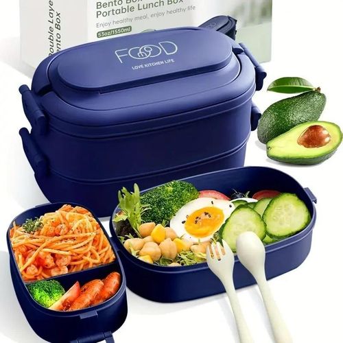 Sturdy Stackable Bento Lunch Box with Individual Compartments - Microwave Safe, Leak-Proof, Durable Polypropylene Container for Work and Outdoor Use - Navy