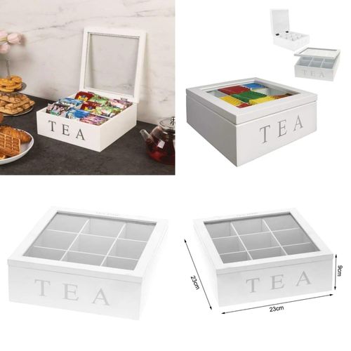 Wooden Tea Organizer with 9 Compartments, Tea Bag Holder with Clear Acrylic Top Window, Multi Functional Tea Box, Tea Storage Organizer