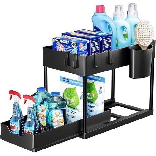 2-layer storage under sink, sliding drawer, multifunctional organizer for kitchen and bathroom sink