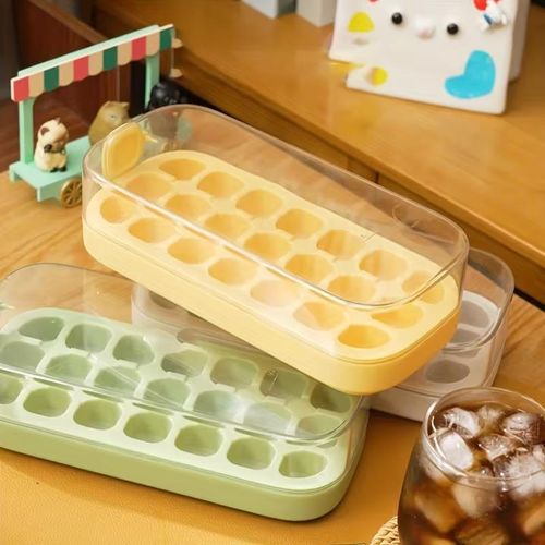 Ice Cube Tray with Lid and Bin for Freezer - 21 pcs Silicone Ice Cube Mold, No Touch Easy Release - BPA free, Reusable, Stackable, suitable for cocktails whiskey coffee and more (Yellow-21 pcs)
