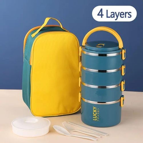 1 set of 4-layer stainless steel reusable lunch box with lunch bag and cutlery, large capacity portable thermos cup - blue