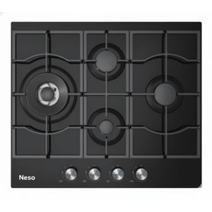 Neso 60cm Built-in Gas Hob, 4-Burner, Black Tempered Glass, Cast Iron Supports, Triple Burner &amp; FFD Safety