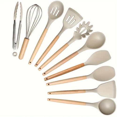 10-piece set of non-stick pans with wooden handles and silicone spatulas - khaki