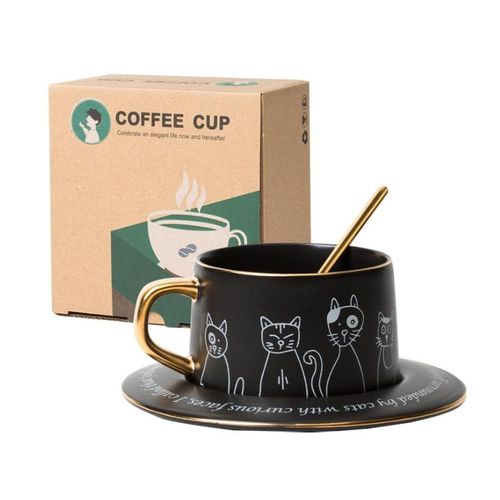Luxury Artist Design Cat Cup and Plate Set with Spoon - Black