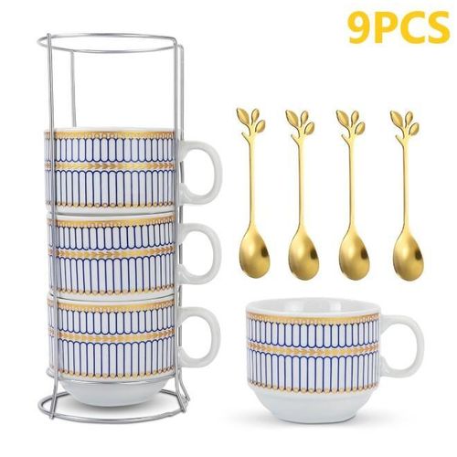 Set Of 4 Ceramic Tea Cups With Stand,Printed Coffee Mugs With Holder+Elegant Gold Leaf Coffee Spoons,Tableware Dessert Spoons,Espresso &amp; Dessert Tea Spoons  - 150 ML
