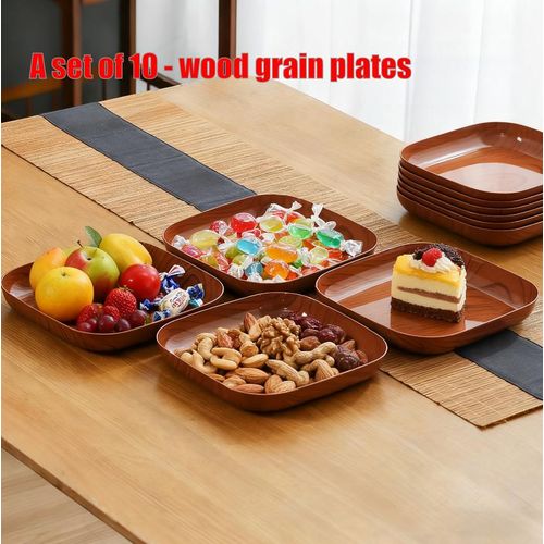 A set of 10 - wood grain trays, fruit plates, dinner plates-Walnut wood color