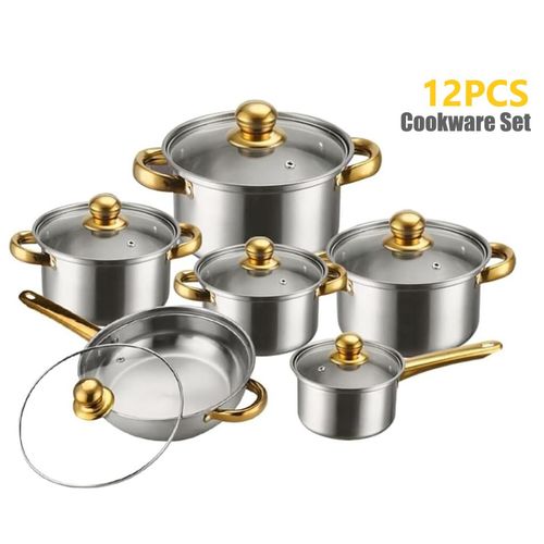 12Pcs Heavy Non-Stick Cooking Pot Set/Cookware Set With Frying Pan  - With Glass Lid - Gold