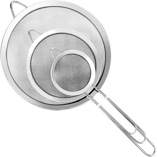 "3Pcs Stainless Steel Mesh Strainer Set - Small/Medium/Large Kitchen Sieve for Baking, Juice, Flour"