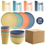 Macaron 4 colors 28-piece set wheat straw plate bowl cup k-n-ife fork spoon chopsticks outdoor tableware set