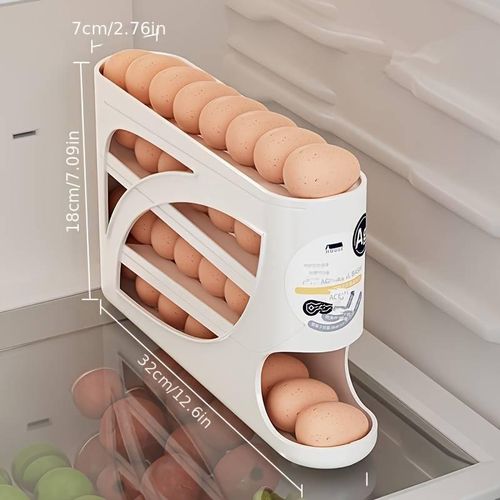 Three-layer rolling refrigerator egg storage box - holds 24 eggs, space-saving side door design, durable plastic material, large capacity kitchen and refrigerator storage, smooth glossy finish, convenient handle