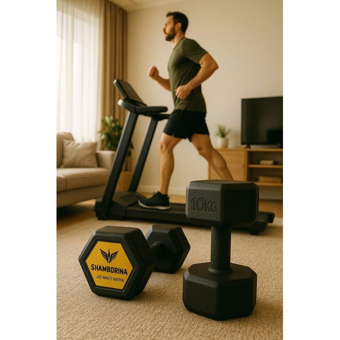 Pair of 10kgs Hexagonal Shamborina Plastic Coated Dumbbells -( Total 20kg)