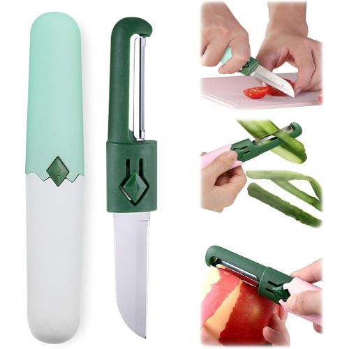 2 in 1 Paring Peeler Knife Multifunctional Stainless Steel Peeler,Creative Fruit and Vegetable Dual-Use Peeler Knife, Outdoor Portable Safety Cover Peeling Fruit Peeler, Kitchen gadgets (White Green)