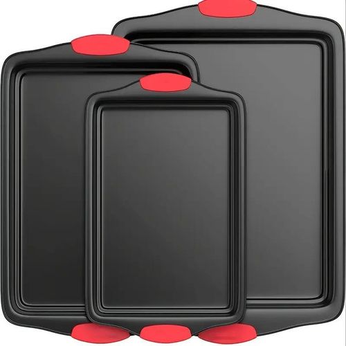 3-Piece Carbon Stainless Steel Non-Stick Oven Baking Pan with Red Silicone Handles