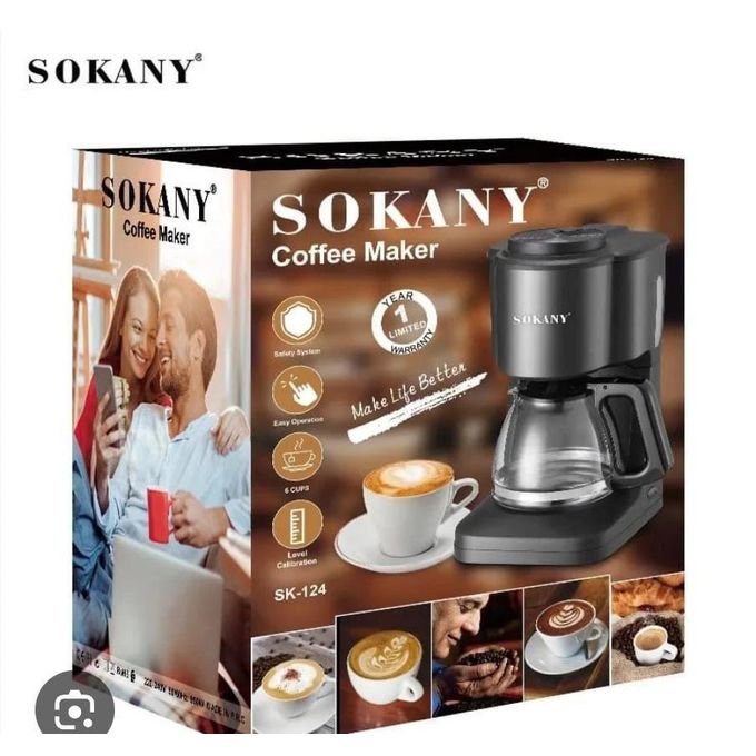 Sokany Coffee Maker SK-124 6-Cup Drip Coffee Machine with Removable Filter, Anti-Drip Valve, Warming Plate, Automatic Shut-Off, Compact Matte Black Design, 650W Quick Br
