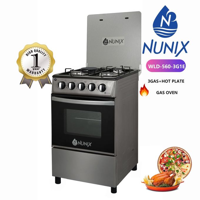 Nunix 50 * 55cm Cooker - 3 Gas Burners, 1 Electric Hotplate + Gas Oven (1YR WRTY)