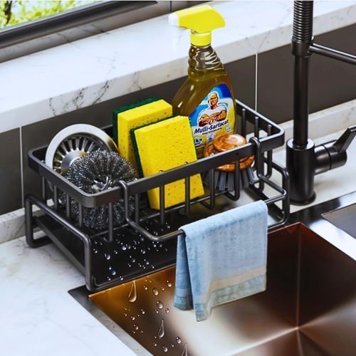 Black bracket for kitchen sink, rust proof kitchen sink box, with automatic drying and detachable cloth rack, multifunctional kitchen sink organizer