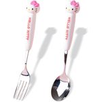 2 PCS Spoon and Fork Set, Cute Stainless Steel Silverware Set, Cartoon Salad Forks and Soup Spoons, Gift for Her