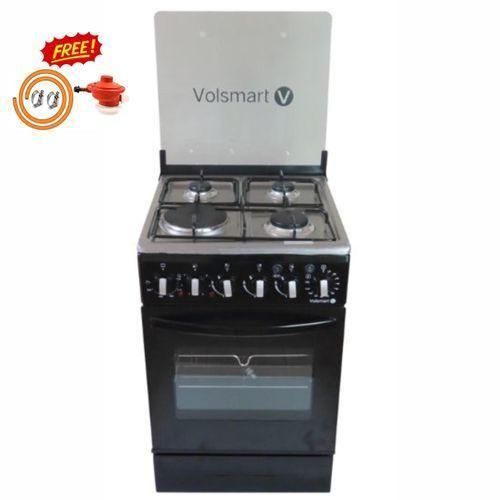 VOLSMART Standing Cooker 60x60cm 3Gas + 1 Electric Hotplate, Electric Oven 60L oven Automatic Ignition Glass Top Cover