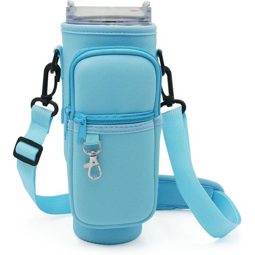 Flushrenic Water Bottle Carrier Bag,Water Bottle Carrier Bag,for Stanley 42oz Tumbler with Phone Pocket,Holder Pouch with Adjustable Strap for Hiking Travelling Camping(Light Blue)