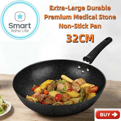 Smartraha life RahaLife 32CM Non Stick Pan Medical Stone Wok Physical Sufuria Cookware Saute Deep Frying Cooking Pots