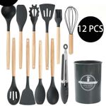 12 PCS Kitchen Cooking Utensils Set, Non Stick Silicone Utensil Set 446°F Heat Resistant, Wooden Handle Silicone Cookware Set