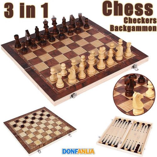 DONFANLIA Chess Game, 3-in-1 Wooden Chess Game, Foldable Travel Chess Game for Children, Portable Chess Games Chess Set for Family Party Travel - 24 x 24 cm