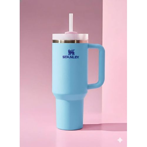 Stainless Stanely Quencher Tumbler 40oz- light blue with Handle &amp; straw