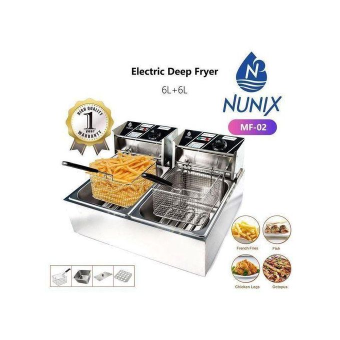 Nunix 12LITRES STAINLESS STEEL (6L+6L) DOUBLE TANK Energy Efficient Double Electric Chips /Chicken /MANDAZIS Deep Fryer Machine