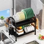 Double-Tier Dish Drainer, Kitchen Dish Storage Rack with Drain Tray - Black