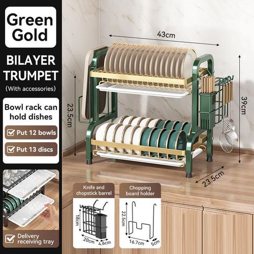 2 Tier Dish Drainer, Dish Drainer with Drain Board, Kitchen Cutlery Storage Rack - Green
