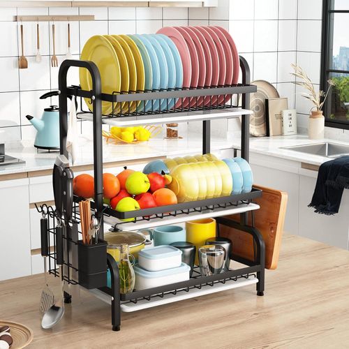 CYFAZA Dish Drying Rack, Metal 3-Tier Large Capacity Dish Rack with Utensil Holder, Cutting Board Holder, Draining Board Tray for Kitchen Counter Storage (Black)