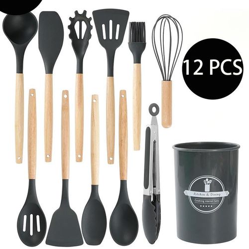 12 PCS Kitchen Cooking Utensils Set, Non Stick Silicone Utensil Set 446°F Heat Resistant, Wooden Handle Silicone Cookware Set