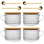 4pcs Clear Embossed Glass Coffee Cup with Lid and Spoon