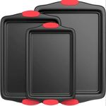 3-Piece Carbon Stainless Steel Non-Stick Oven Baking Pan with Red Silicone Handles