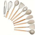 10-piece set of non-stick pans with wooden handles and silicone spatulas - khaki