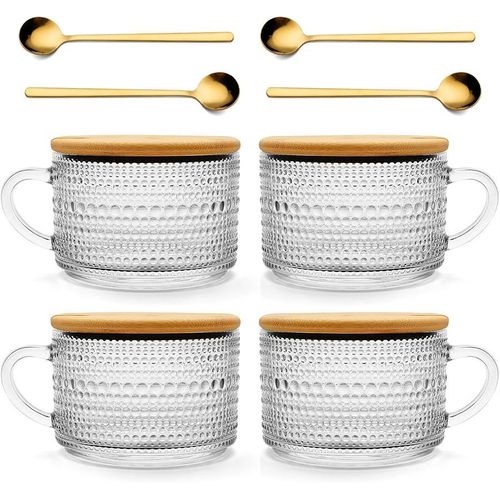4pcs Clear Embossed Glass Coffee Cup with Lid and Spoon