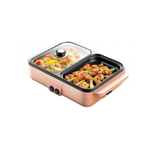 Flushrenic Hot Pot with Grill  2 in 1 Indoor Non-Stick Electric Hot Pot and Frying Pan (Pink)